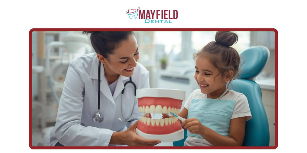Brampton pediatric dentist teaching child how to brush teeth.