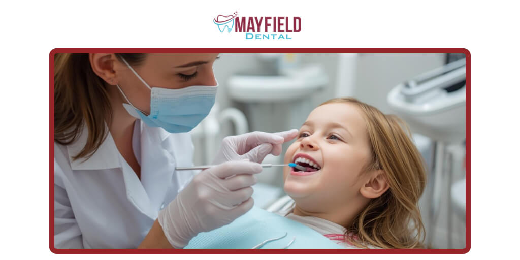Children’s dentist applying fluoride treatment in Brampton.