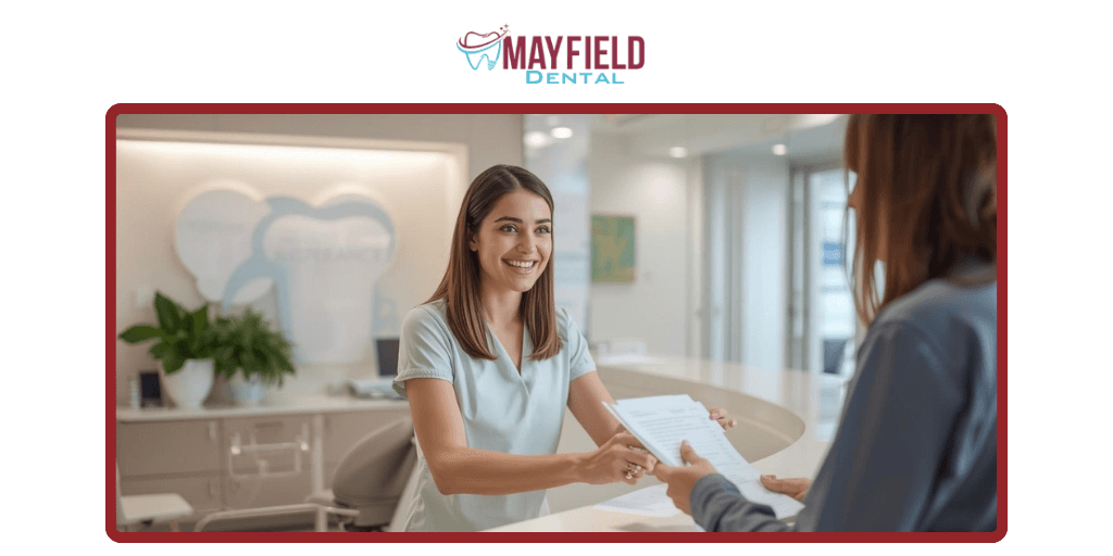 Mayfield Dental Clinic staff assisting patient with dental insurance and CDCP coverage.