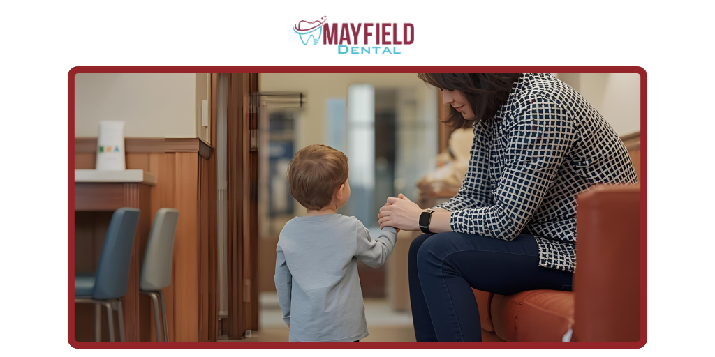 Parent and child waiting for dental appointment at Brampton family dentist.