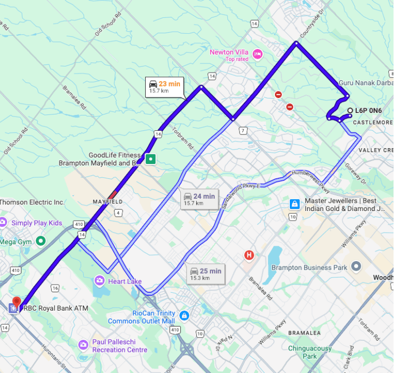 Directions from Brampton North to Mayfield Dental